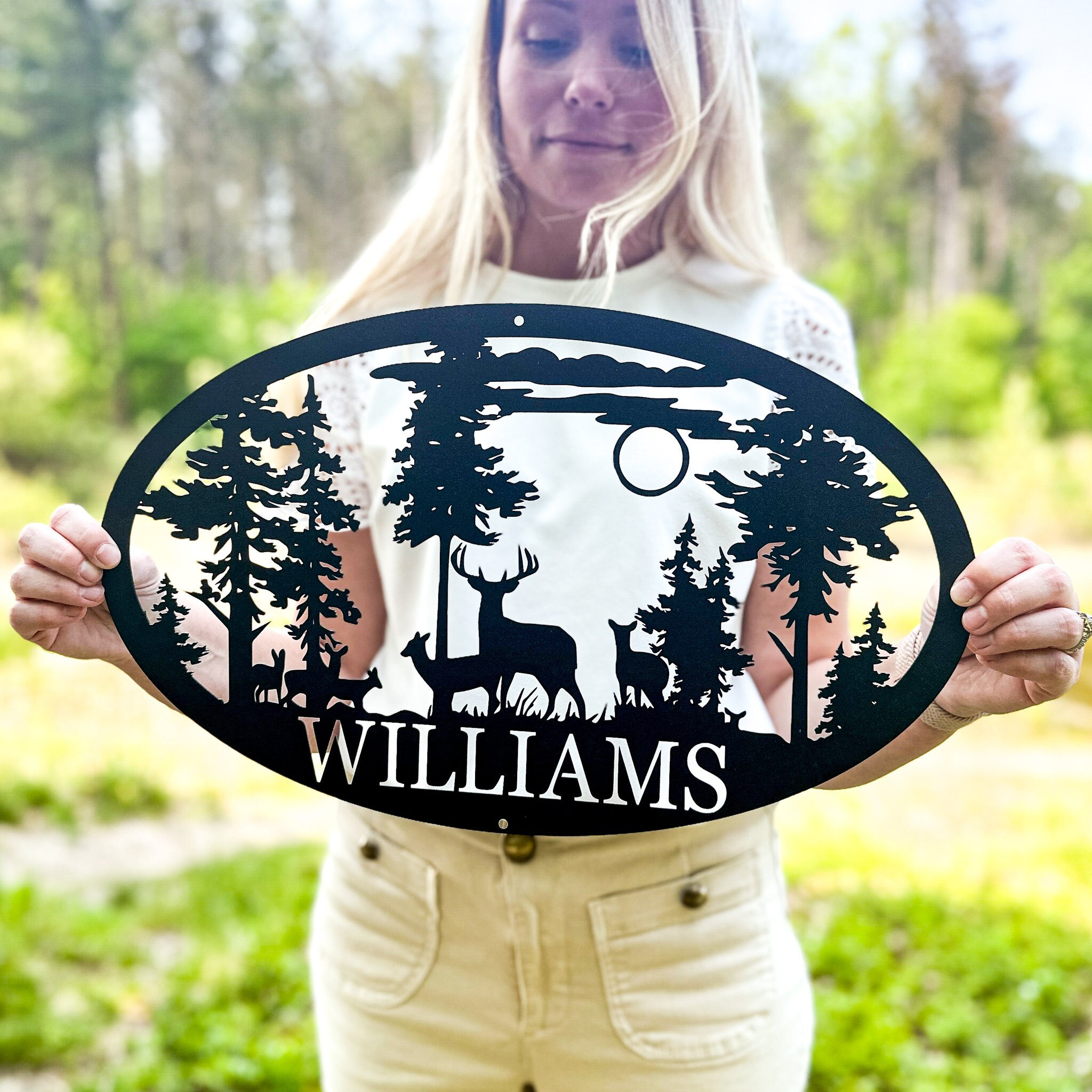 Outdoor Hunting Names - Custom Oval Deer Metal Cabin Sign